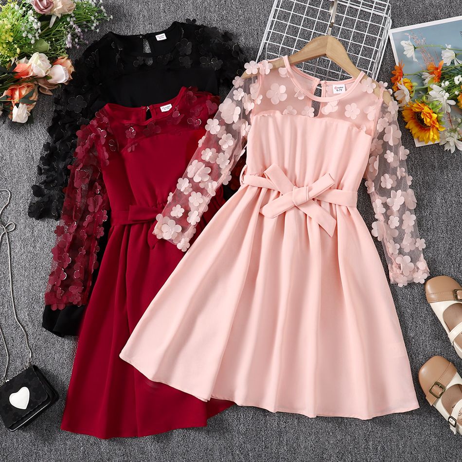 Kid Girl 3D Floral Design Mesh Sleeve Belted Dress Light Pink big image 6