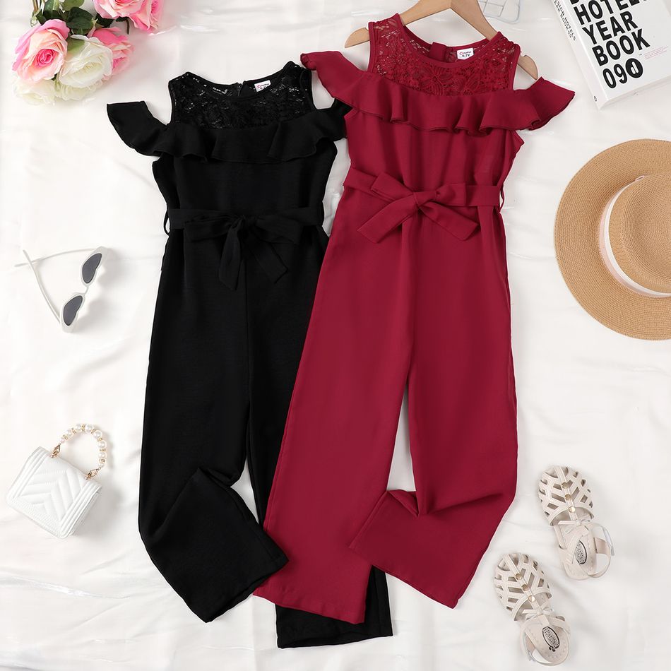 2pcs Kid Girl Lace Splice Flounce Sleeveless Jumpsuits & Belt Red big image 2