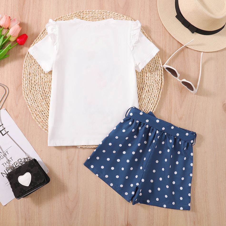2pcs Kid Girl Figure Print Ruffled Short-sleeve Tee and Polka dots Denim Shorts Set White big image 5