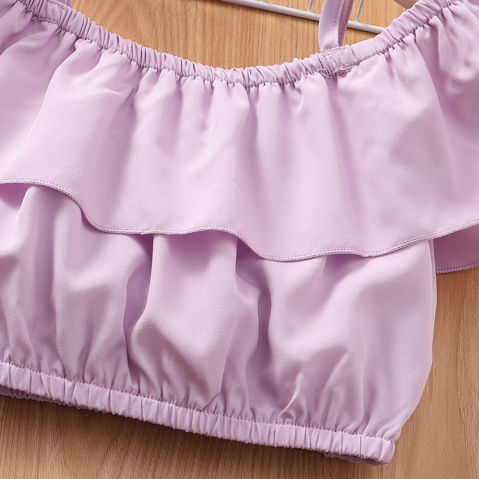 2pcs Kid Girl Flounce Camisole and Floral Print Belted Shorts Set Purple big image 2