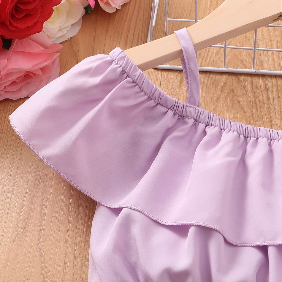 2pcs Kid Girl Flounce Camisole and Floral Print Belted Shorts Set Purple big image 3