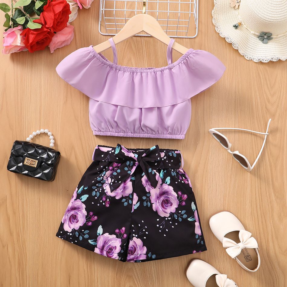 2pcs Kid Girl Flounce Camisole and Floral Print Belted Shorts Set Purple big image 5