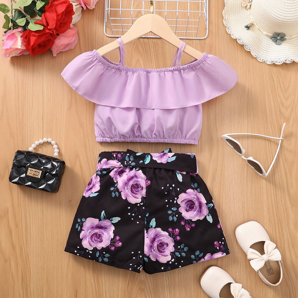 2pcs Kid Girl Flounce Camisole and Floral Print Belted Shorts Set Purple big image 6
