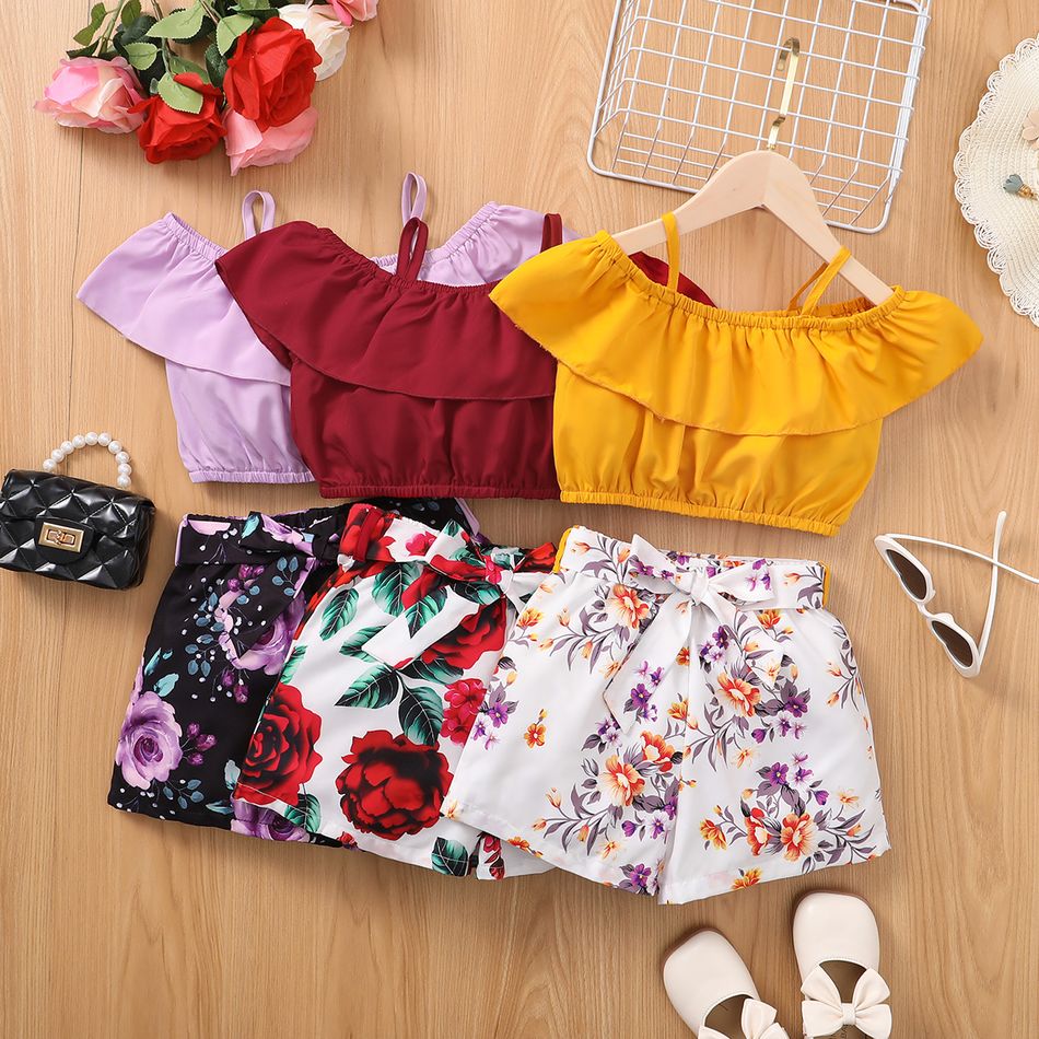 2pcs Kid Girl Flounce Camisole and Floral Print Belted Shorts Set Purple