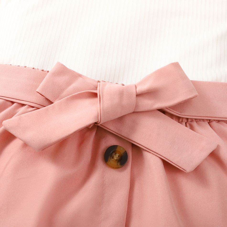 2pcs Kid Girl Flutter-sleeve Ribbed Tee and Button Design Belted Skirt Set Pink big image 3