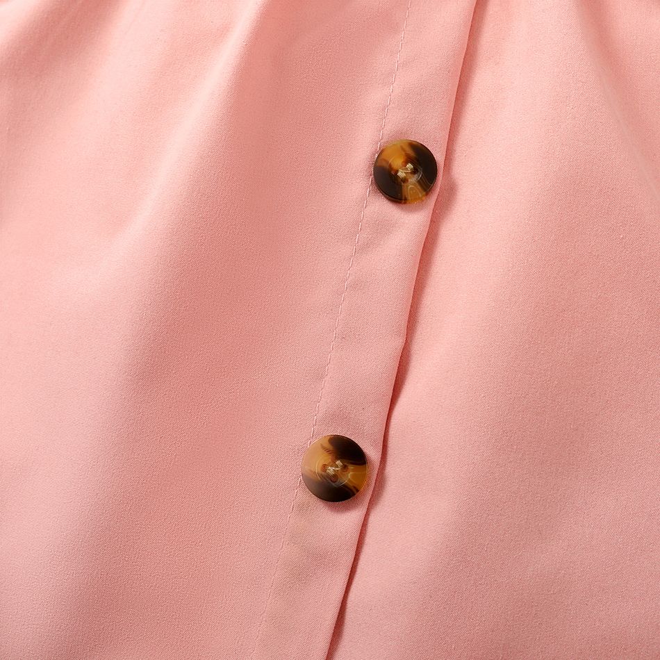 2pcs Kid Girl Flutter-sleeve Ribbed Tee and Button Design Belted Skirt Set Pink big image 4