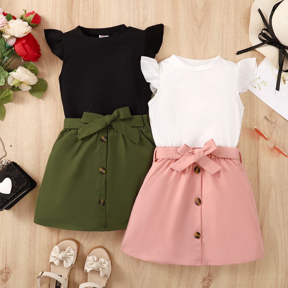 2pcs Kid Girl Flutter-sleeve Ribbed Tee and Button Design Belted Skirt Set Pink