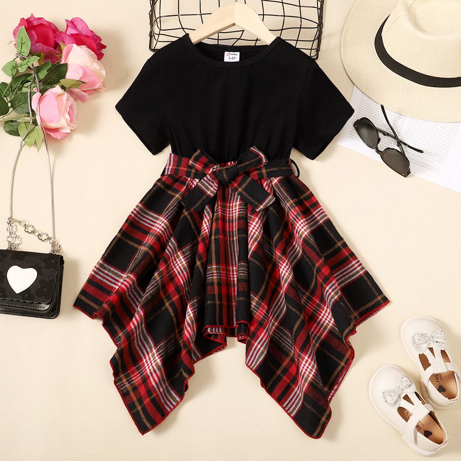Toddler Girl Preppy style Plaid Irregular Hem Belted Dress Black big image 1