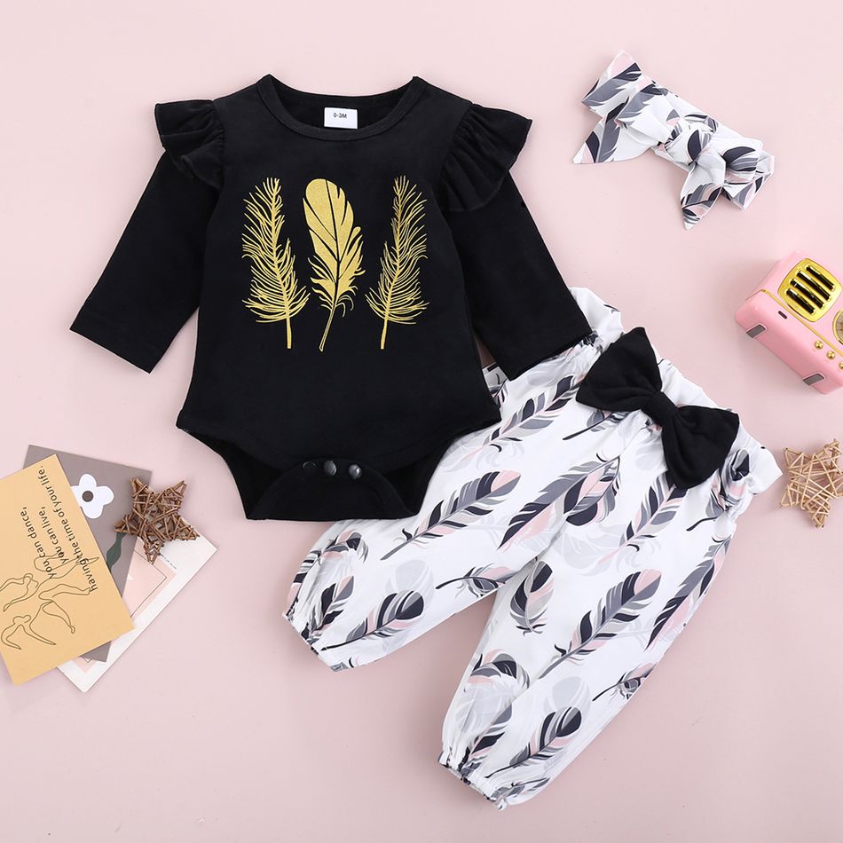 3pcs Feather Print Bow Decor Long-sleeve Baby Sets Black