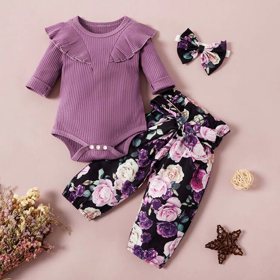 Ribbed 3pcs Floral Print Long-sleeve Purple Baby Set Purple