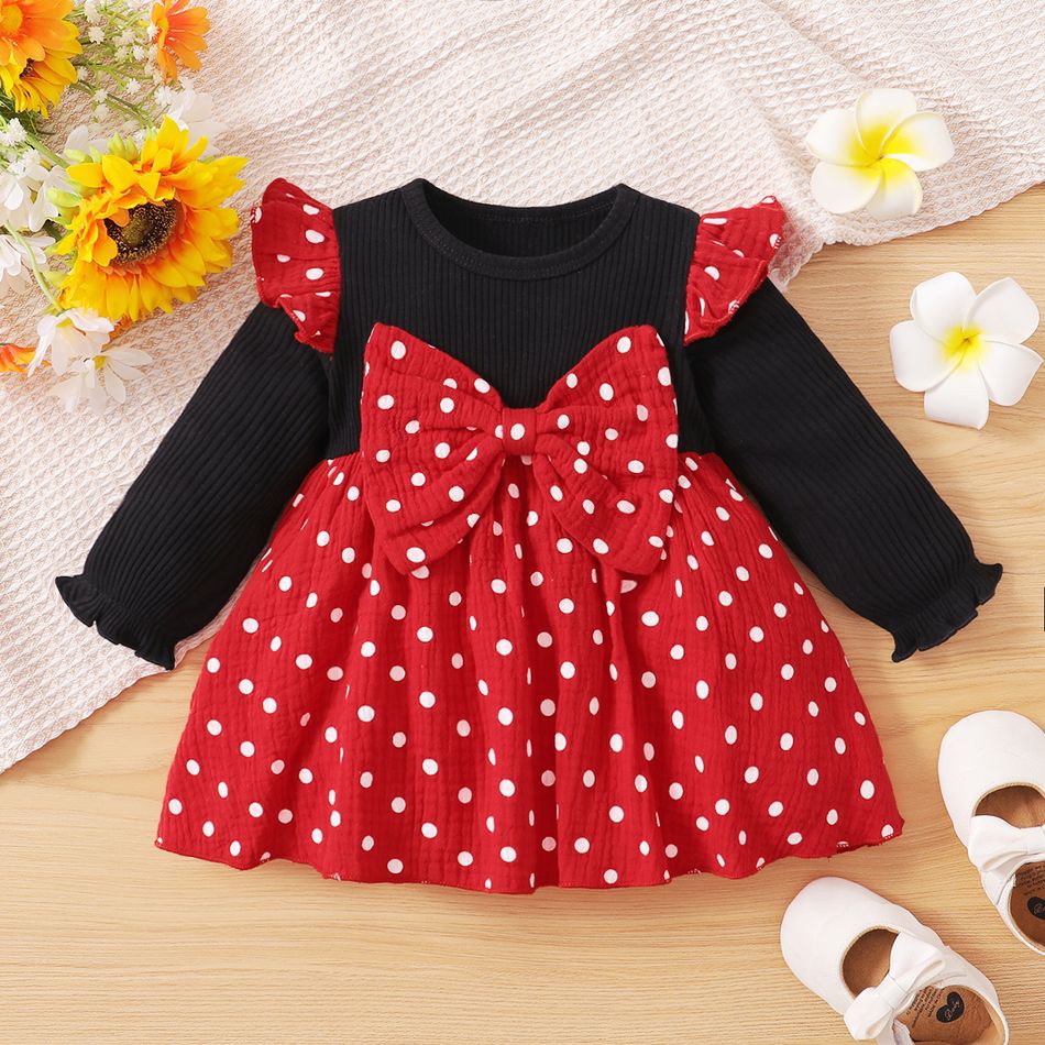 Baby Girl 100% Cotton Ruffled Polka dots Bowknot Design Splice Long-sleeve Dress Red