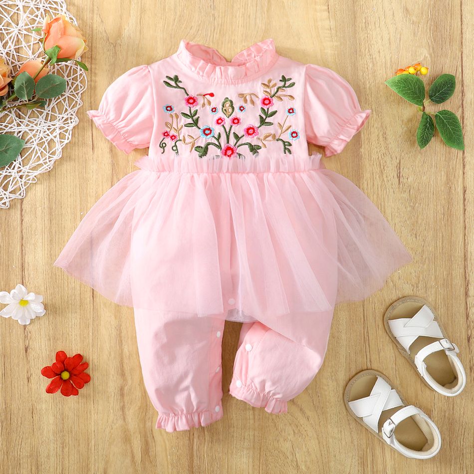 100% Cotton Baby Girl Floral Embroidered Pink Frill Puff Sleeve Splicing Mesh Jumpsuit Pink
