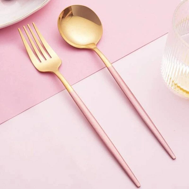 Tablewellware Gold Spoon Set steel cutlery Salad Fork 2 Pcs Salad Spoon Stainless Steel Serving Spoon Set Unique Spoons Pink