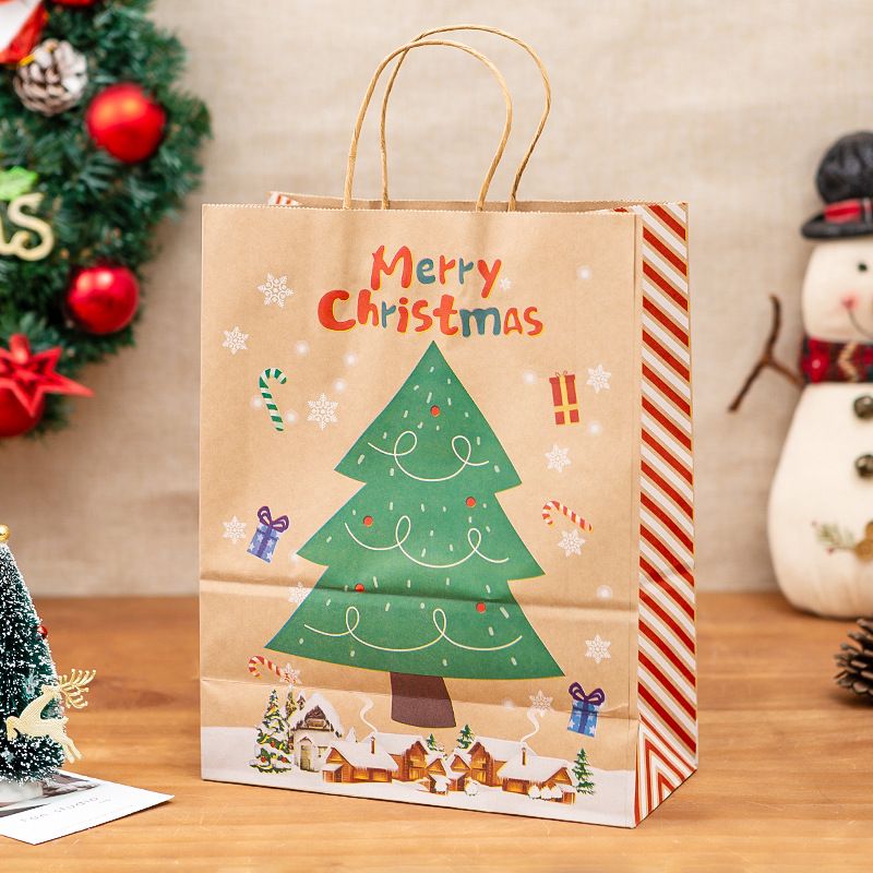 4-pack Christmas Kraft Paper Bag Gift Packaging Handle Bag Green