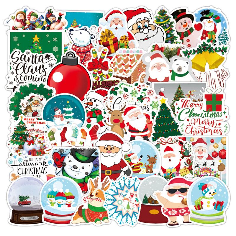 50-pack Christmas Stickers Christmas Personalized Decoration Graffiti Stickers Waterproof Sticker for Laptop Skateboard Guitar (Random Pattern) Multi-color