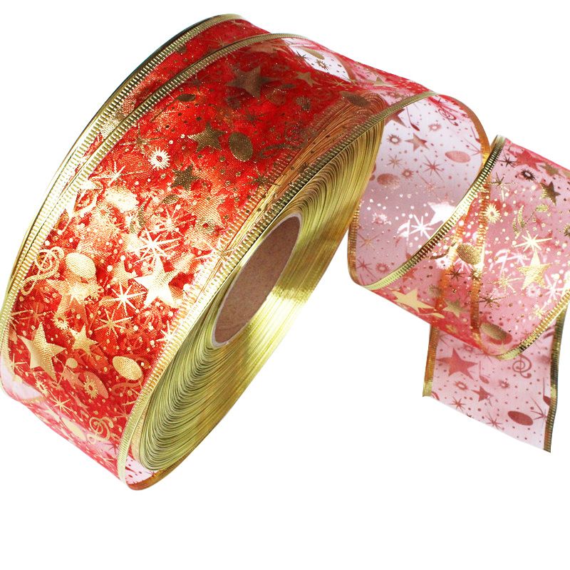 2 Meters/Roll Bronzing Ribbon Stars Print Christmas Tree Decoration Christmas Gift Wrapping Ribbon Party Arrangement Red big image 1