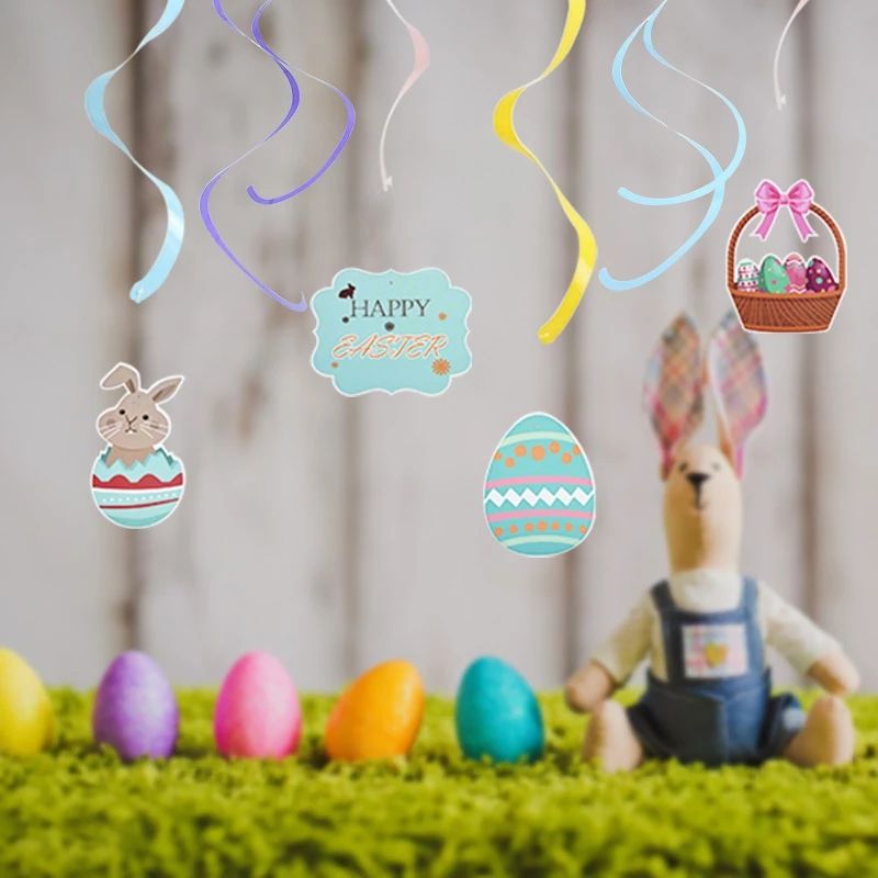 8-pack Easter Hanging Swirl Spiral Pendant Decor Easter Egg Bunny Rabbit Hanging Ceiling Decorations for Home Classroom Easter Party Supplies Color-A big image 6