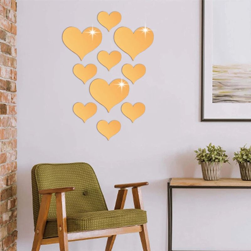 10-pack 3D Acrylic Heart Mirrors Sticker Mirror Surface Heart Wall Sticker Art Wall Sticker Decal for Living Room Bedroom Home Decor Supplies Gold