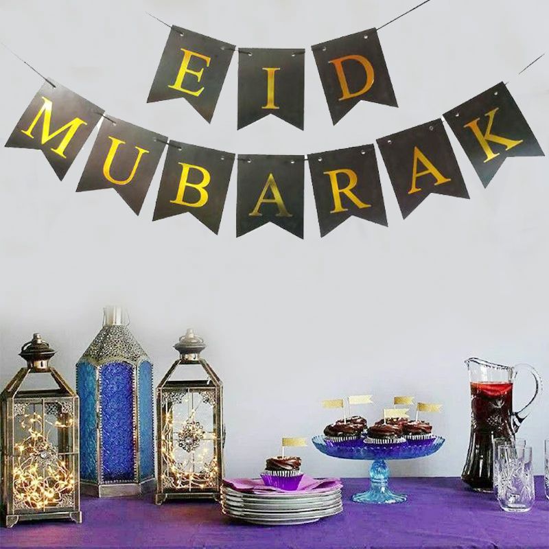 Eid Mubarak Banner Paper Banner Bunting Eid Mubarak Outdoor Indoor Home Party Hanging Decor Black big image 2