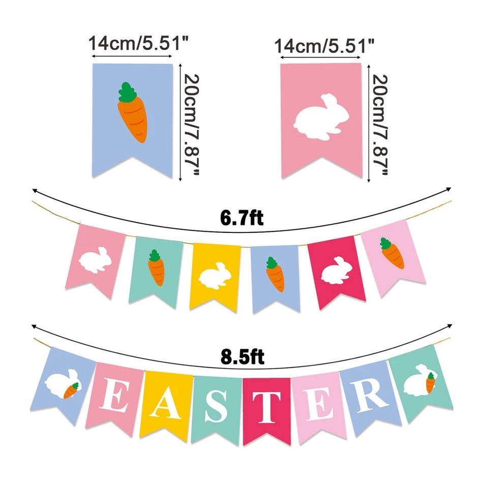 Colorful Easter Banner Easter Bunny Carrot Hanging Bunting Garland Banner Easter Party Decor Supplies Color-A