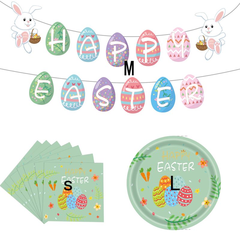 Easter Decoration Happy Easter Eggs Bunny Rabbit Banner and Disposable Tableware Napkin Set Easter Home Party Decor Supplies Color-A