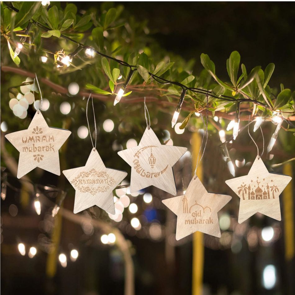 pingente de suspensão de estrelas de madeira criativas com padrão de ornamento para eid mubarak acessórios de festa para decoração de casa Cor-A big image 3