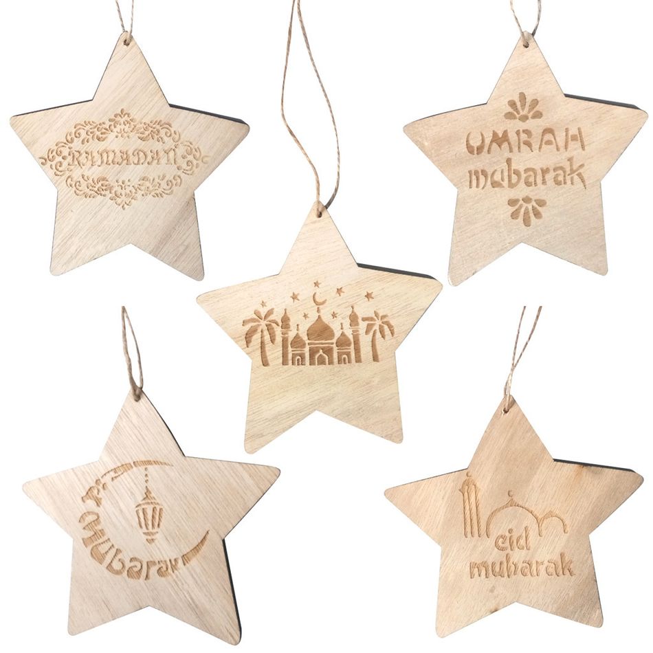 pingente de suspensão de estrelas de madeira criativas com padrão de ornamento para eid mubarak acessórios de festa para decoração de casa Cor-A