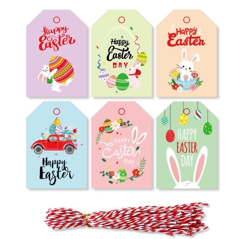 48-pack Happy Easter Gift Tags Sign Easter Eggs Rabbit Paper Tags Cards with Hole and Rope Easter Party Decor Color-A