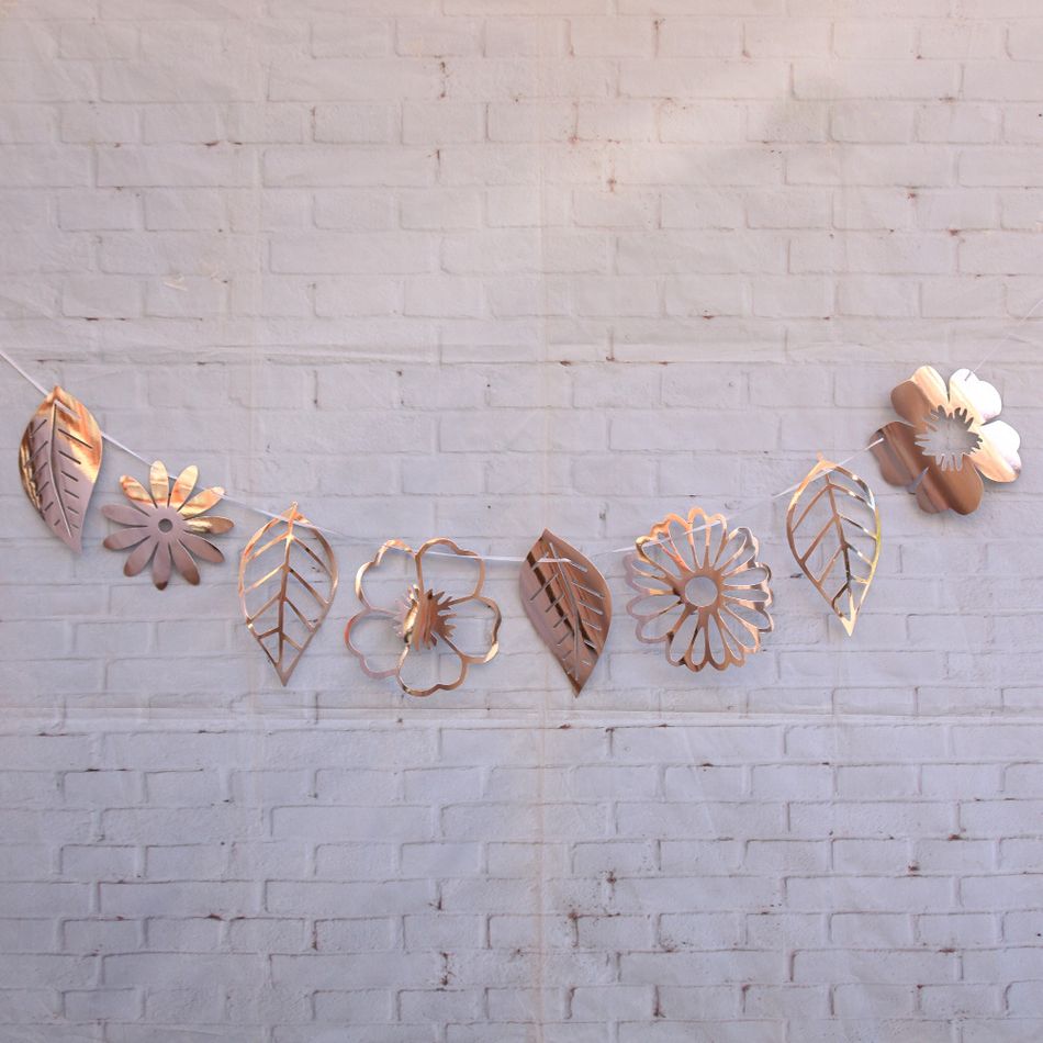 Bunting Party Supplies Mirror Hollow Out Flowers Leaves Banners Paper Flags Hanging Party Decoration Rose Gold