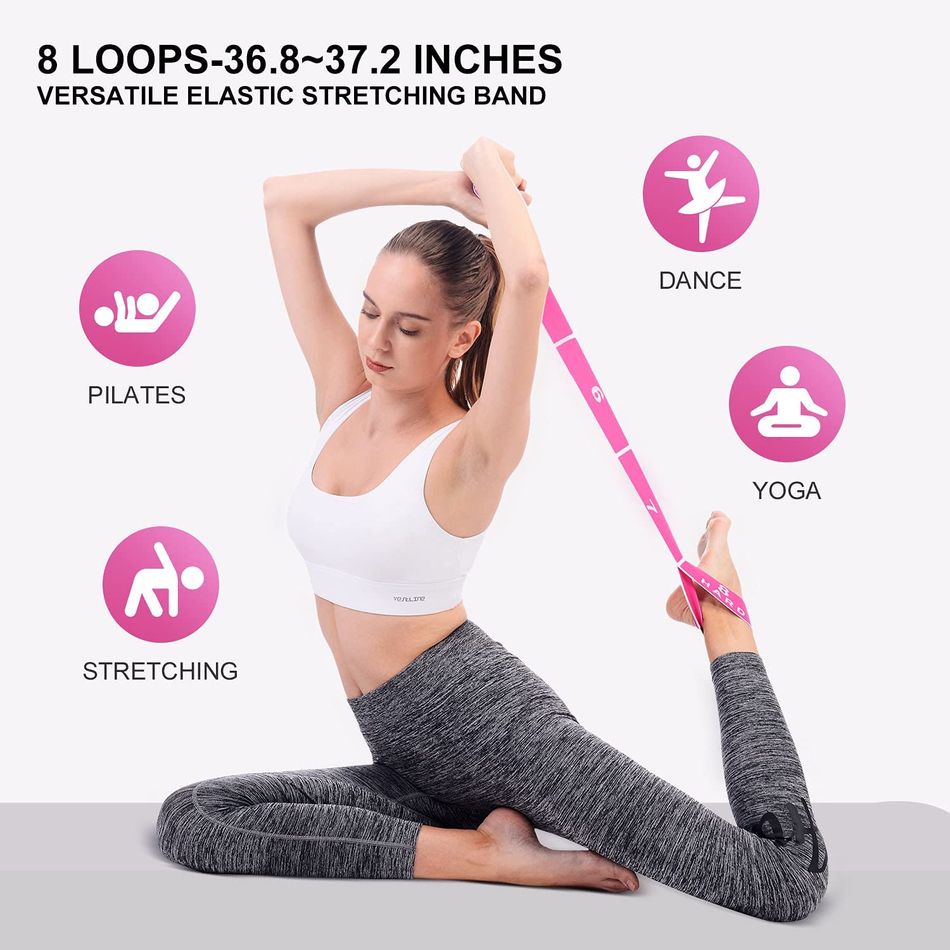 Stretch Out Strap with 8 Loops Adjustable Stretch Bands for Physical Therapy Exercise Yoga Pilates Flexibility Pink big image 3