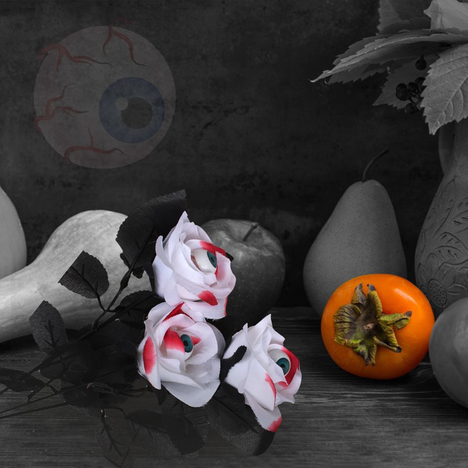5-pack Halloween Artificial Bloody Roses with Eyeballs Faux Flower Bouquet Halloween Party Decor Supplies White big image 2