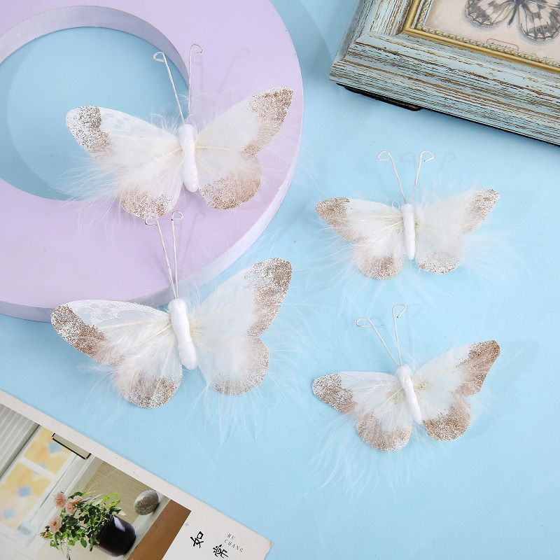 4-pack Handmade Butterfly Wall Decoration Feather 3D Wall Decals for Girls Room Bedroom Home Backdrop Decor Stickers White big image 5