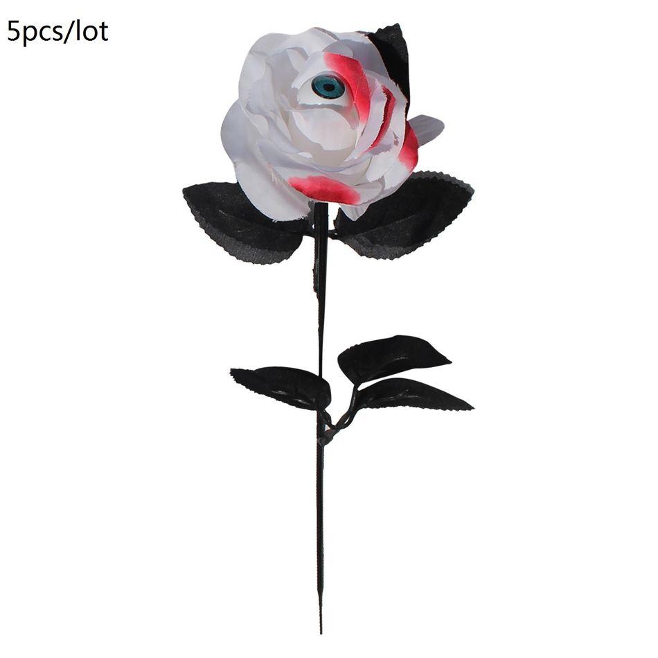 Confezione da 5 rose insanguinate artificiali di Halloween con bulbi oculari bouquet di fiori finti forniture per decorazioni per feste di Halloween Bianco
