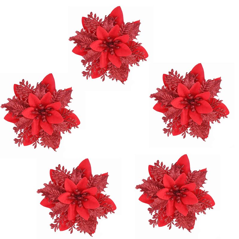 5 peças de natal glitter flores artificiais enfeites de árvore de natal feliz natal suprimentos de decoração de festa Vermelho big image 1