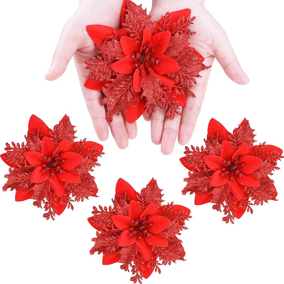5pcs Christmas Glitter Artificial Flowers Xmas Tree Ornaments Merry Christmas Party Decoration Supplies Red big image 5
