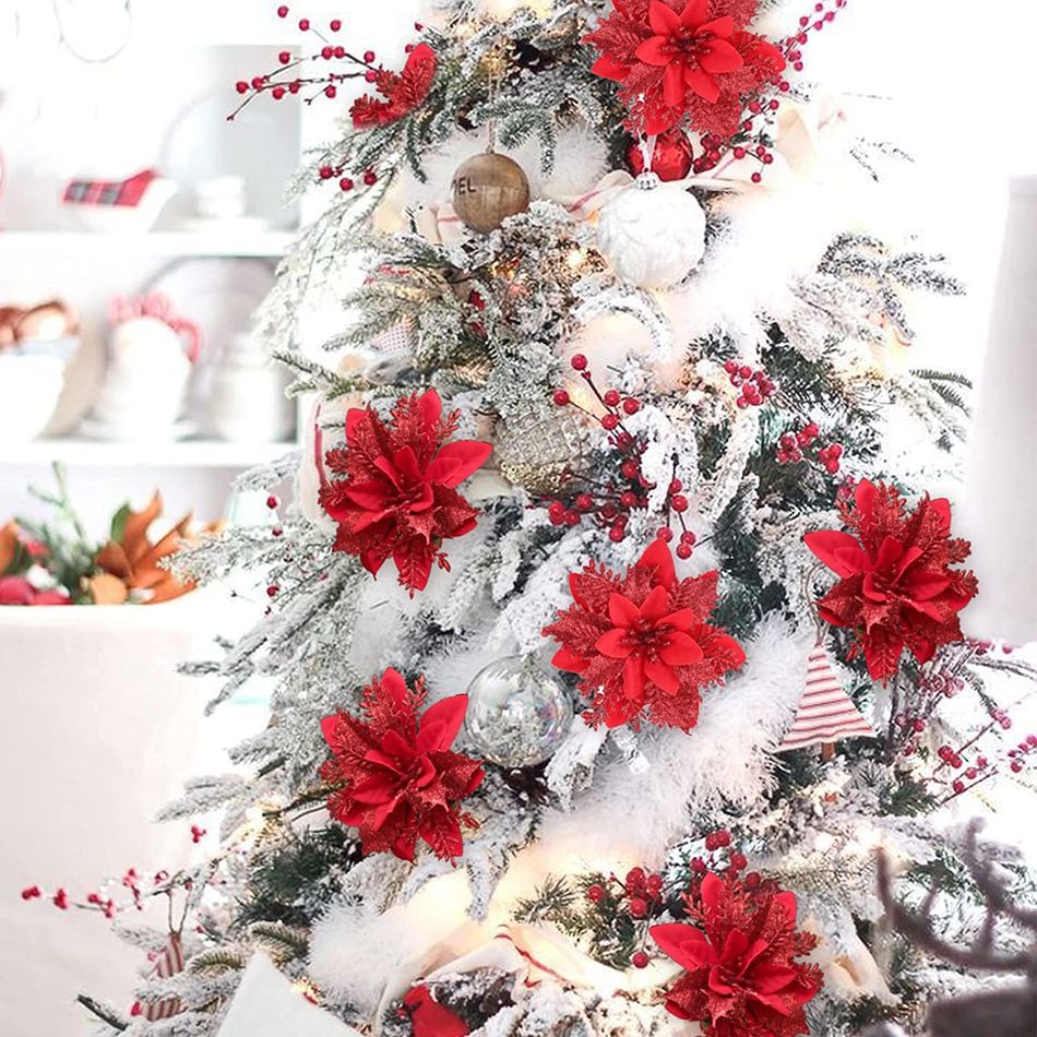 5pcs Christmas Glitter Artificial Flowers Xmas Tree Ornaments Merry Christmas Party Decoration Supplies Red big image 6