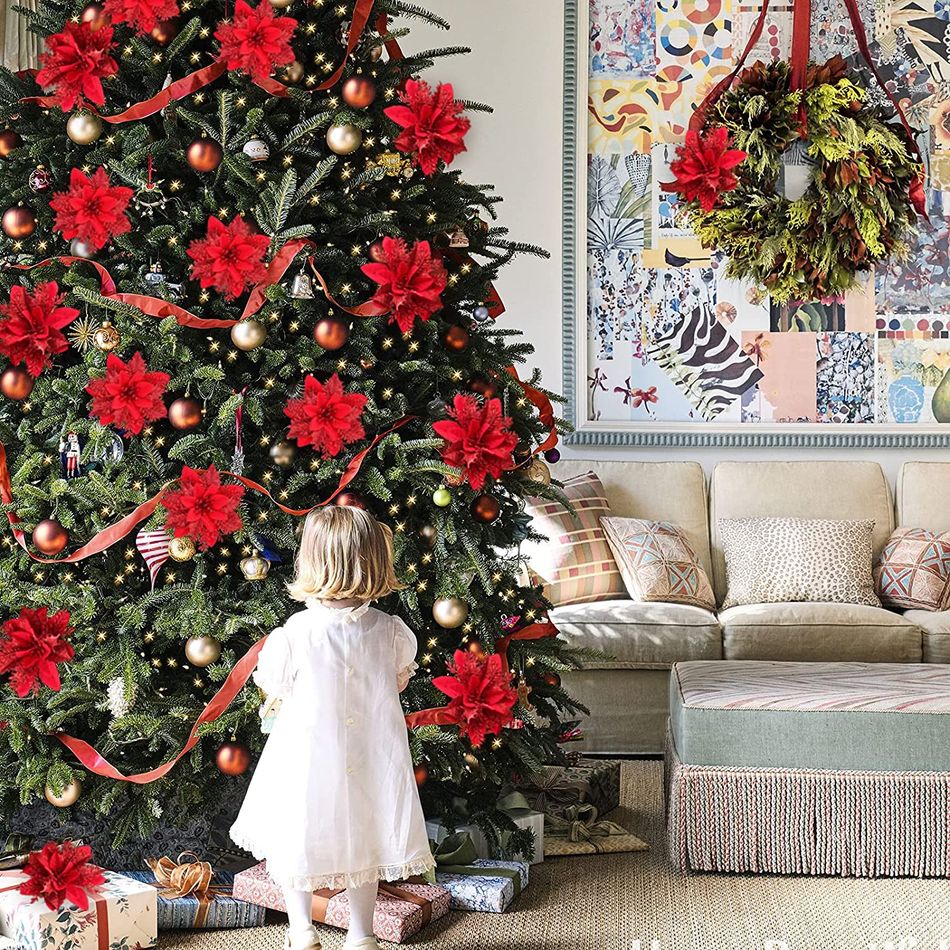 5 peças de natal glitter flores artificiais enfeites de árvore de natal feliz natal suprimentos de decoração de festa Vermelho