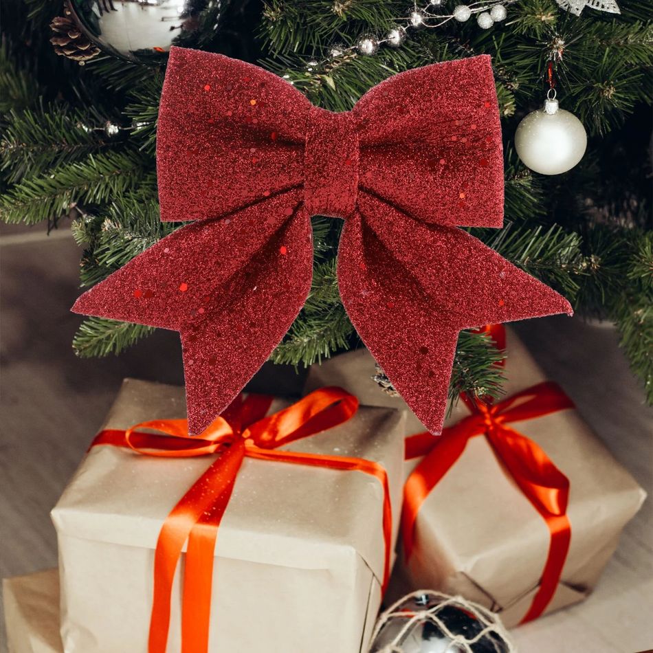 2-حزمة عيد الميلاد بريق القماش القوس شجرة عيد الميلاد شنقا زخرفة الحلي أحمر big image 2