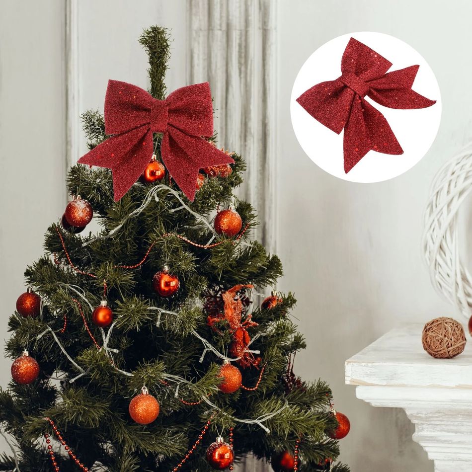 2-حزمة عيد الميلاد بريق القماش القوس شجرة عيد الميلاد شنقا زخرفة الحلي أحمر big image 3