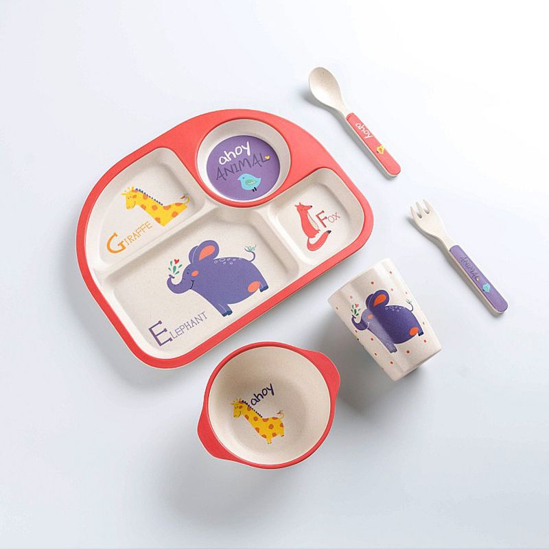 5Pcs Bamboo Fiber Kids Dinnerware Set Cartoon Feeding Tableware Includes Plate & Bowl & Cup & Fork & Spoon Utensils Color-A big image 1