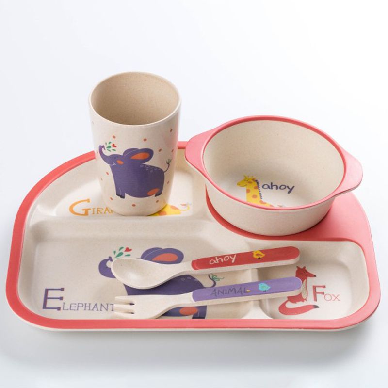 5Pcs Bamboo Fiber Kids Dinnerware Set Cartoon Feeding Tableware Includes Plate & Bowl & Cup & Fork & Spoon Utensils Color-A big image 2