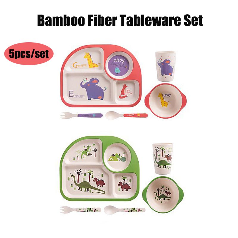 5Pcs Bamboo Fiber Kids Dinnerware Set Cartoon Feeding Tableware Includes Plate & Bowl & Cup & Fork & Spoon Utensils Color-A big image 5