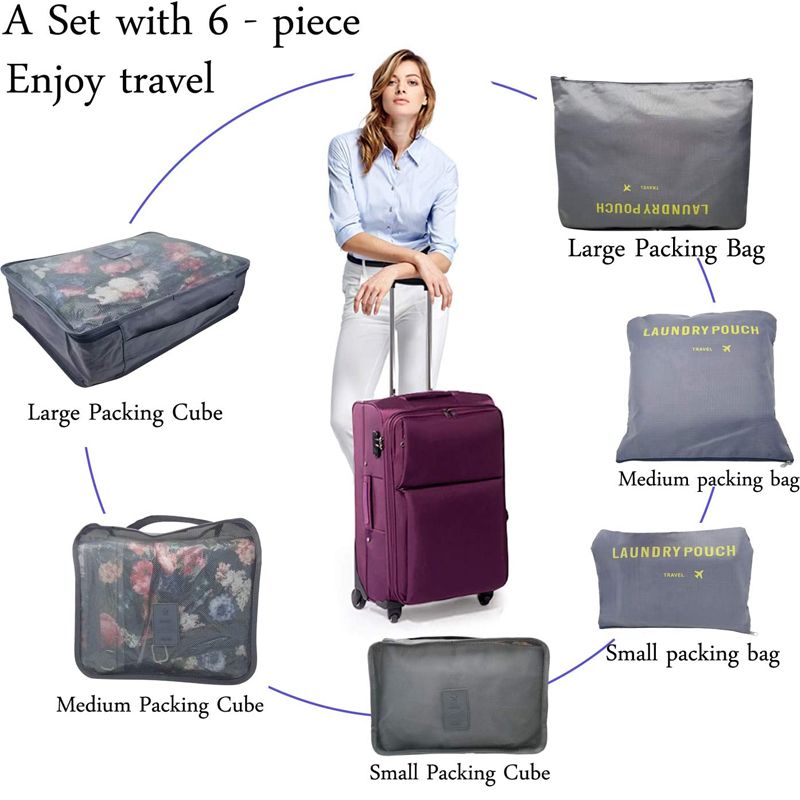 مجموعة مكعبات التعبئة 6 قطع منظمات تغليف حقائب السفر لإكسسوارات السفر اللون الرمادي big image 4