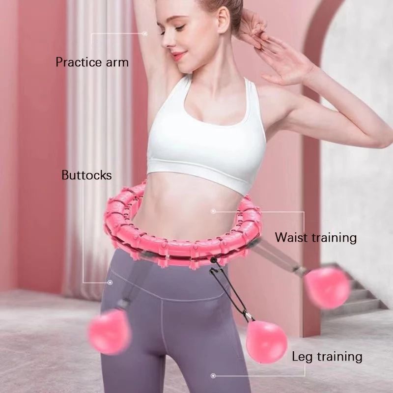 Smart Weighted Fit Hoop with 24 Detachable Knots 2 in 1 Abdomen Fitness Massage Hula Circle for Adults Weight Loss Pink big image 2