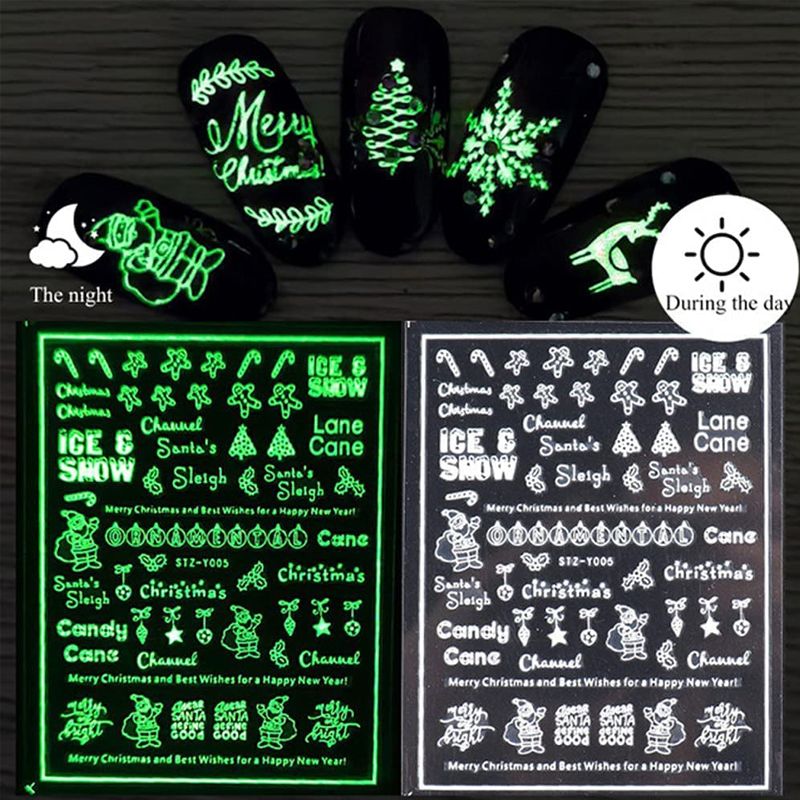 9 Sheets Christmas Luminous Nail Art Stickers Decals 3D Nail Stickers Fluorescent Glow in The Dark Self Adhesive for Women Girls Color-A big image 3