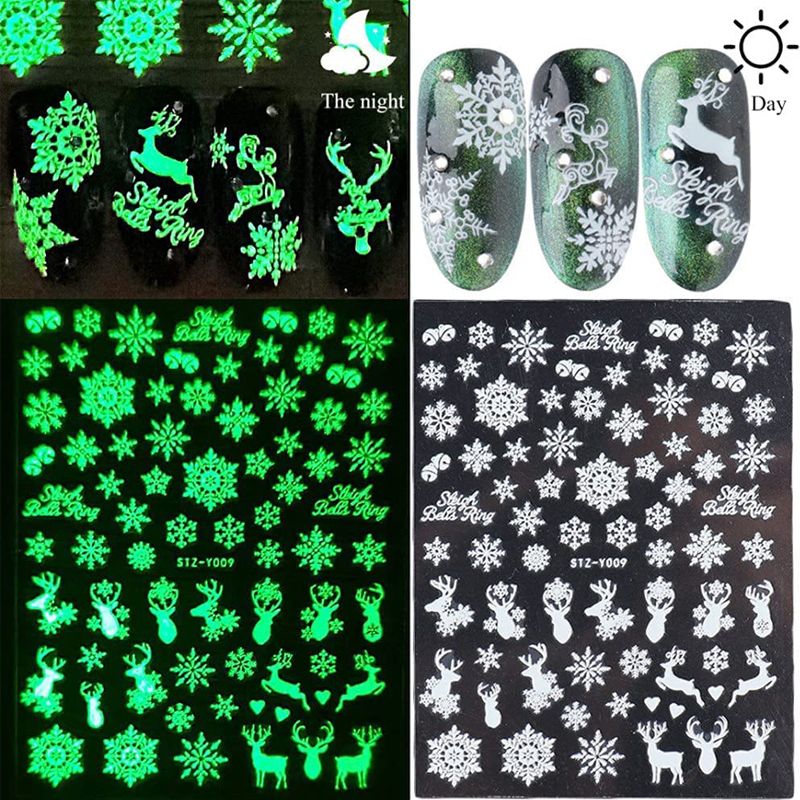 9 Sheets Christmas Luminous Nail Art Stickers Decals 3D Nail Stickers Fluorescent Glow in The Dark Self Adhesive for Women Girls Color-A big image 5