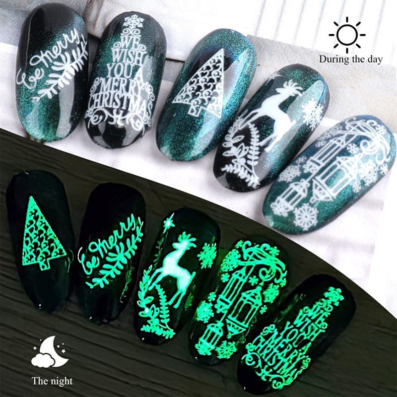 9 Sheets Christmas Luminous Nail Art Stickers Decals 3D Nail Stickers Fluorescent Glow in The Dark Self Adhesive for Women Girls Color-A big image 6
