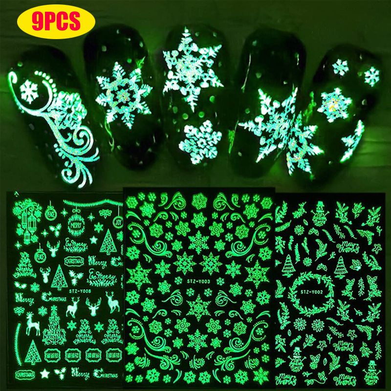 9 Sheets Christmas Luminous Nail Art Stickers Decals 3D Nail Stickers Fluorescent Glow in The Dark Self Adhesive for Women Girls Color-A big image 7