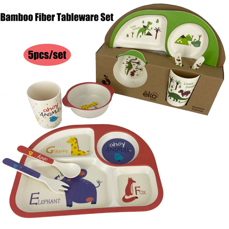 Set di stoviglie per bambini in fibra di bambù da 5 pezzi, stoviglie per l'alimentazione dei cartoni animati con utensili per piatti e ciotole, tazze, forchette e cucchiai Colore-A big image 7