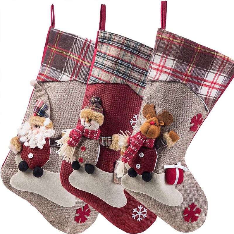 Large Hanging Christmas Stockings Buffalo Plaid Santa Snowman Reindeer Sock Gift Bag Candy Pouch Bag for Fireplace Xmas Tree Decor Color-A big image 2